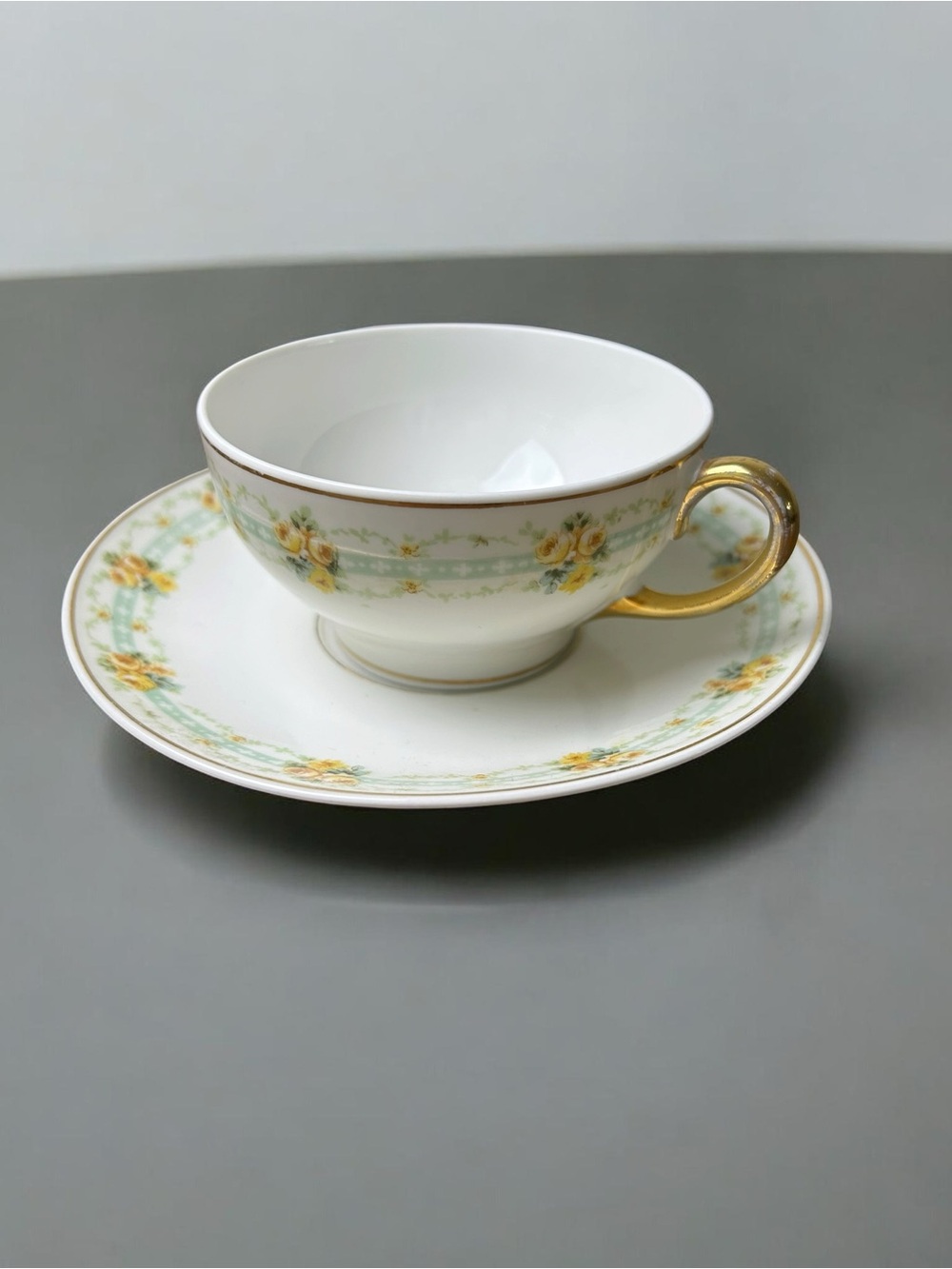 Antique Limoges Elite Works France Floral Teacup & Saucer Gold Trim